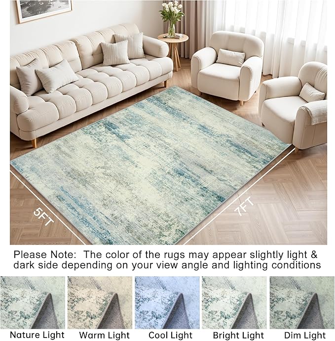 5x7 Area Rugs for Lliving Room Bedroom, Abstract Washable Rugs with Non-Slip Backing, Stain Resistant Thin Carpet for Dorm Dining Room Table Nursery Indoor Home Office-Blue/Gray