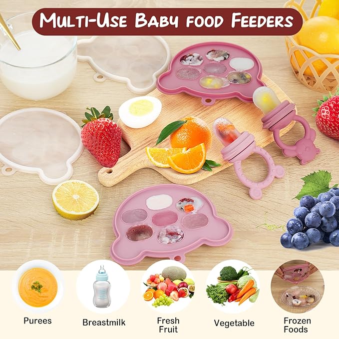 WAJIAYON Baby Breastmilk Popsicle Molds & Baby Fruit Feeder (2 Pack), Infant Food Freezer Tray Storage Containers, Silicone Teething Pacifier Feeder and Teether for Babies - Blush