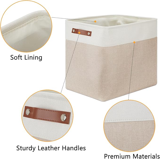 DULLEMELO Extra Large Storage Baskets, Fabric Storage Bins for Organizing Shelves Nursery Toys Books, Closet Baskets and Bins with Handles, White&Khaki, 2-Pack