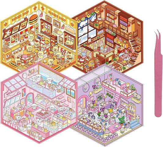 4 Sets DIY 3D House Sticker Make Your Own Mini Flower Shop, Bookstore, Cake Shop, Burger Shop Scenes Stickers for Kids Cartoon Scene Stickers for Adult Relief Stress Pass The Time