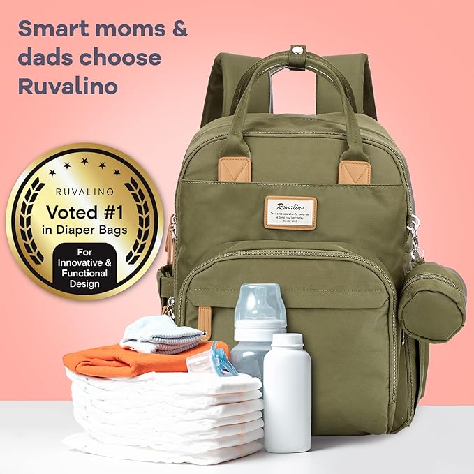 RUVALINO Diaper Bag Backpack - Multifunction Travel Back Pack Maternity Baby Changing Bags, Diaper Changing Totes, Large Capacity, Waterproof and Stylish, Baby Travel Essential, Army Green
