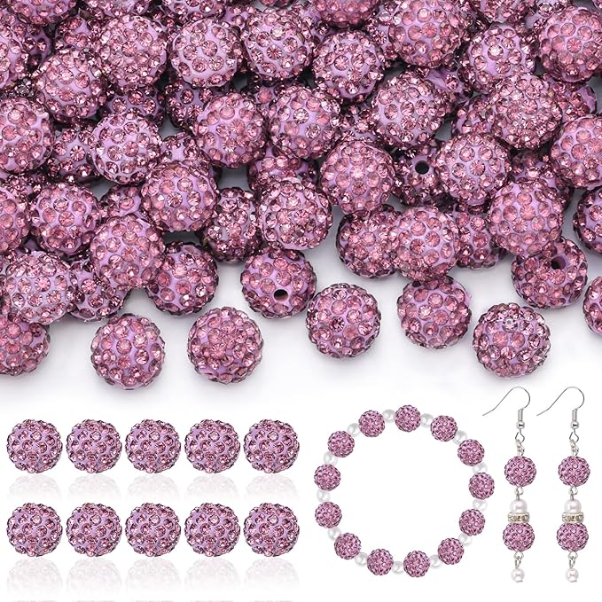 160pcs 10mm Rhinestone Beads for Jewelry Making, Light Purple Shiny Round Disco Beads Bulk, Sparkle Crystal Clay Christmas for Bracelet Baseball Necklace Earring Crafting and DIY