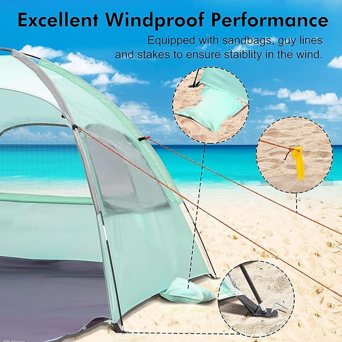 WhiteFang Beach Tent Anti-UV Portable Sun Shade Shelter for 3/4/6/8 Person, Extendable Floor with 3 Ventilating Mesh Windows Plus Carrying Bag, Stakes and Guy Lines