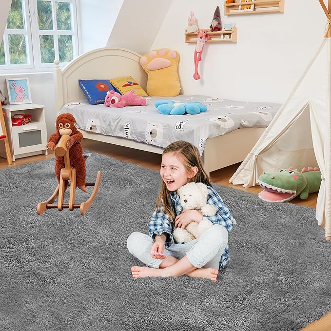 Ultra Soft Rug for Living Room, 4X6 Fluffy Shag Area Rug for Bedroom, Modern Shaggy Carpets Fuzzy Rug for Teens Dorm Nursery Home Decor Aesthetic, Upgrade Anti-Skid Durable, Grey
