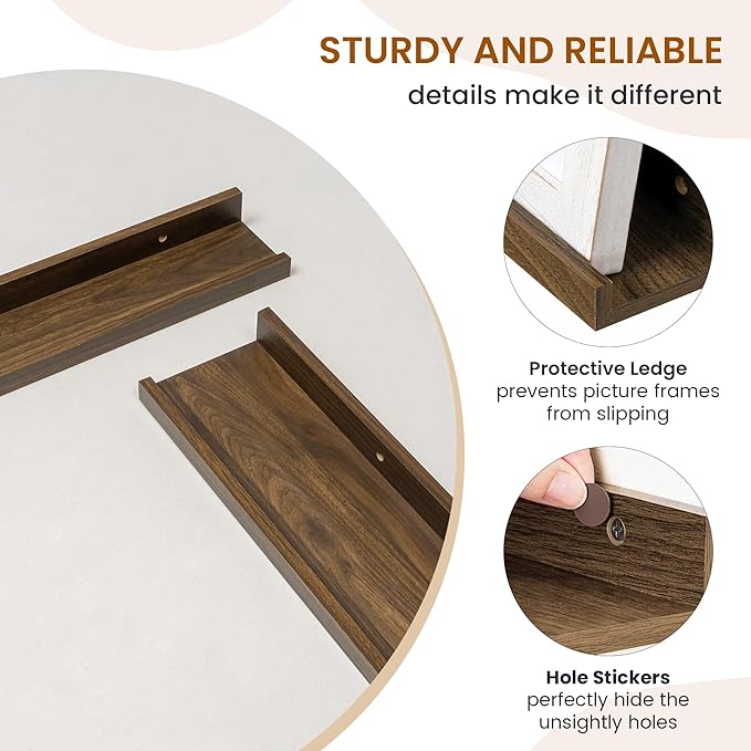 Axeman Picture Ledge Shelf, Floating Shelves for Wall Decor Storage Set of 6, 16 inch Floating Wall Mounted Shelves, Wall Shelves with Lip for Living Room, Bedroom, Nursery, Bathroom, Kitchen, Walnut