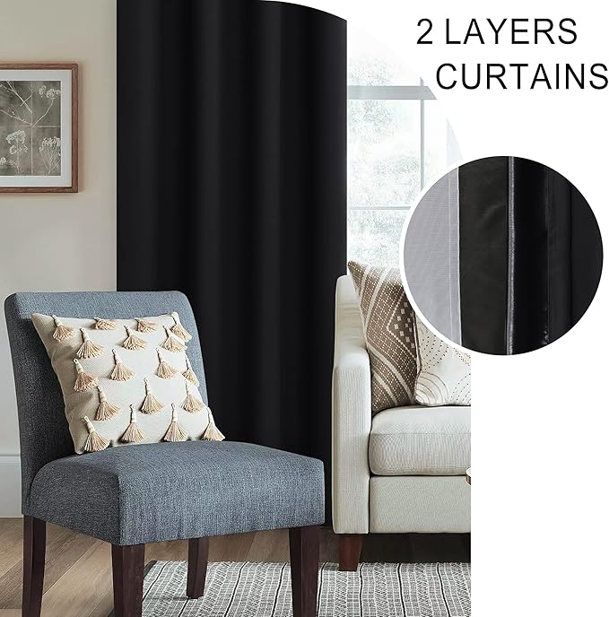 XWZO 100% Blackout Window Curtains - Thermal Insulated & Noise Reduction Black Liner Rod Pocket Window Treatment Sewn with Tiebacks for Bedroom/Living Room, Black, W42 x L63, Set of 2