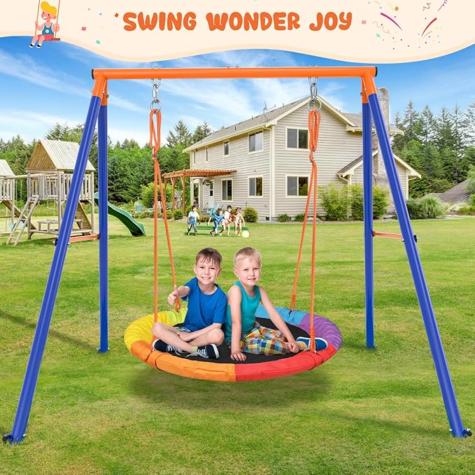 Swing Sets for Backyard, Outdoor Toys for Kids, A-Frame Out Playset Holds 440 lbs with 40" Saucer Swing, Adjustable Ropes
