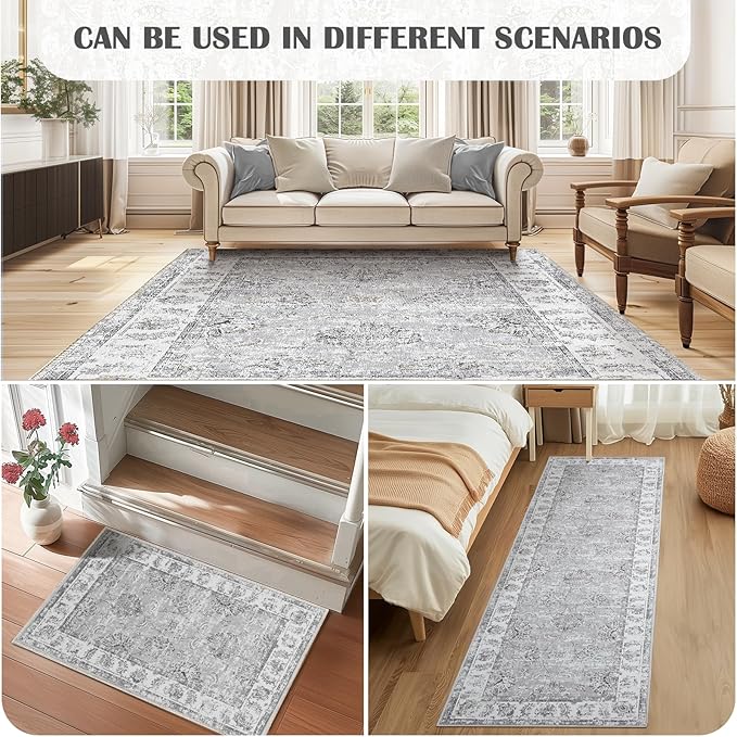 jinchan Runner Rug 3x10-2pcs Kitchen Washable Vintage Hallway Rug Floral Print Floor Cover Indoor Thin Retro Mat Accent for Bathroom Laundry Room Bedroom Office Farmhouse (Double,Grey)
