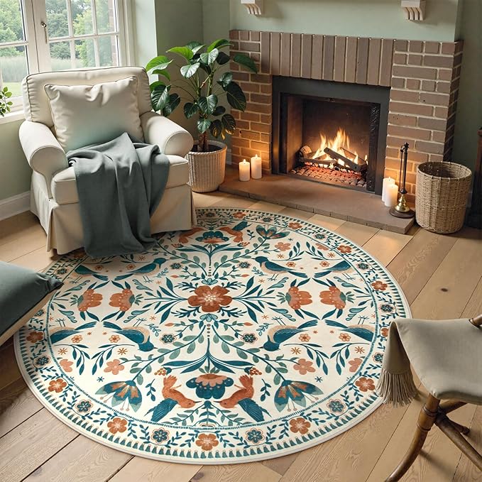 Moynesa Boho Bird Round Rug 6ft, Machine Washable Circle Area Rug for Living Room Ultra Thin Soft Large 6'x6' Bedroom Carpet for Office Kitchen Dining Room Under Table, Indoor, Easy Clean, Beige