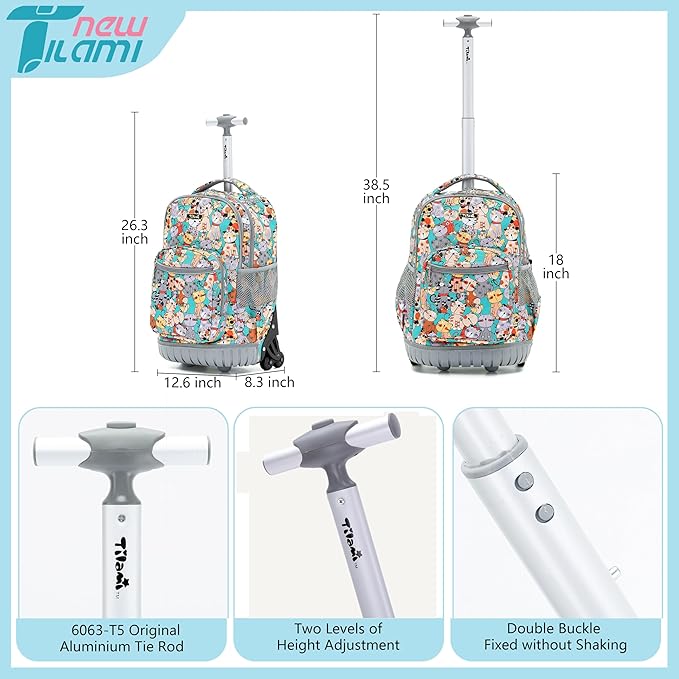 NEW TILAMI Kids 18 inch Rolling Backpack - Durable Waterproof Large Capacity Adjustable Handle Stair Climbing Design for Boys & Girls, Cats Cute