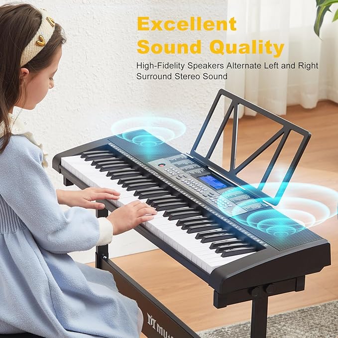 61 Key Piano Keyboard, Electric Keyboard Piano with Light-Up Keys, 255 Tones/Rhythms, Smart Learning System, Headphone, Microphone, Keyboard Stand, Stool, Stickers, Piano Keyboard Set for Beginners