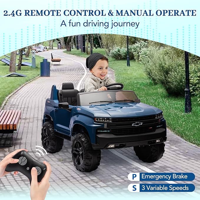 Hetoy 24V 2-Seater Truck Licensed Chevrolet Silverado Ride On Car Toy w/Parent Remote Control,4xSpring Suspension, 3 Speeds, Wireless Music, MP3 Player, Electric Vehicle Car for Kids, Blue