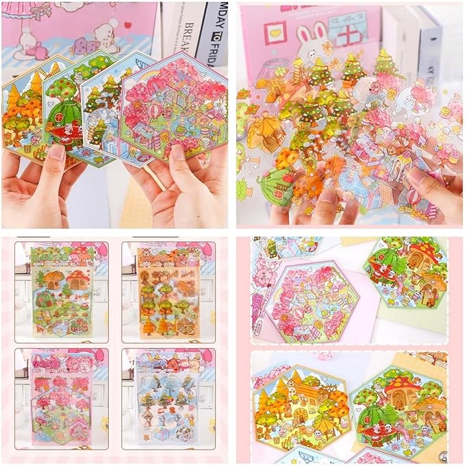4 Sets DIY 3D House Stickers - Four Seasons Theme: Create Your Own Cute Cartoon Miniature Scene Sticker Art Kit for Kids & Adults, Stress Relief (Spring Summer Autumn Winter Theme)