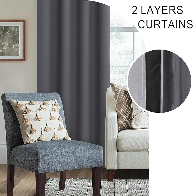 XWZO Extra Wide Full Blackout Curtain - Rod Pocket Thermal Insulated Black Liner, Noise Reducing and Heat Blocking Drapes for Hall and Studio Windows with Tiebacks, Dark Grey, W60 x L63, Set of 2