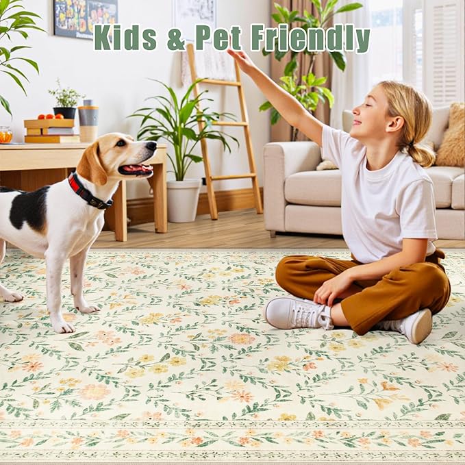 10x12 Area Rugs for Living Room: Floral Washable Rug Vintage Large Soft Boho Non-Slip Carpet Stain Resistant Low Pile Carpets for Bedroom Dining Room Farmhouse Nursery Hallway Home Office Beige/Multi