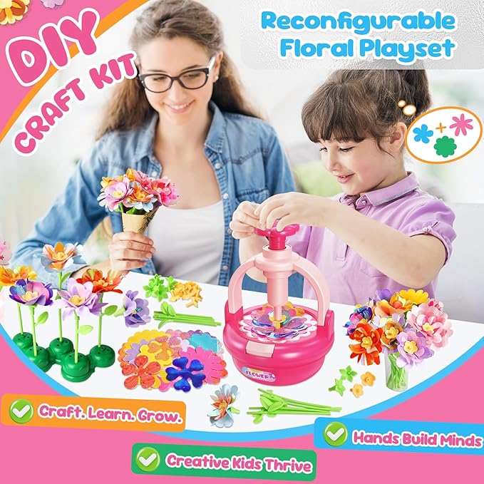 Einailvk Fabric Flower Bouquets Toys, DIY Flower Making Kit for Kids 3 4 5 6 7 8 9 10 11 12 Year Old Girl Birthday Christmas Gift, Art and Crafts Kit Toys for Girls 3-12 Year Old (Pink)