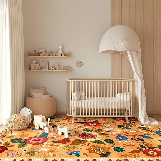 Floral 9x12 Area Rug Machine Washable Soft Print Boho Carpet Non Slip Doormat Low Pile Flower Area Rugs for Living Room Bedroom Nursery Kitchen Dining Room Indoor-Yellow/Orange
