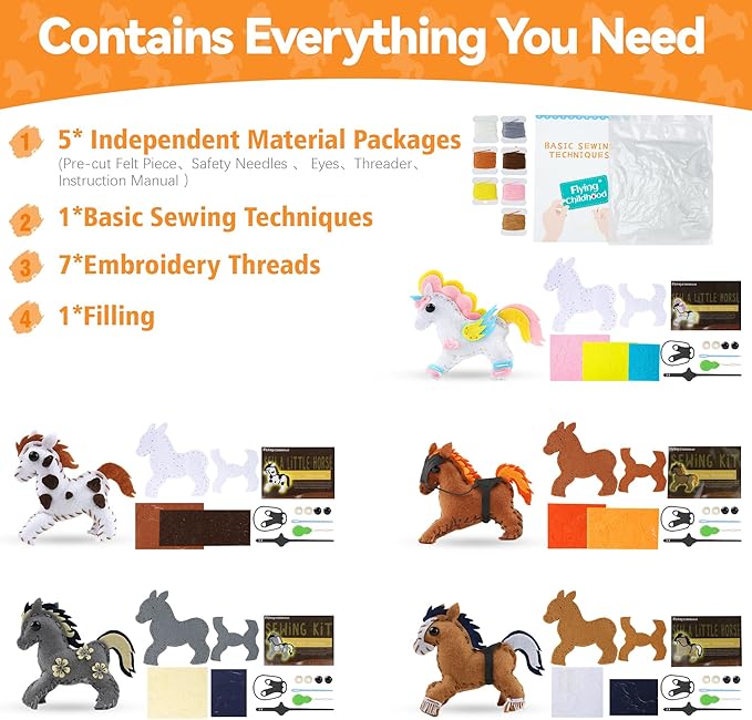 Flying Childhood Horse Sewing Kit for Kids Adults, Make 5 DIY Projects with Plush Stuffed Horse, Birthday Gifts Toys for Girls Boys Ages 8 9 10 11 12, Learn to Sew Kids Crafts