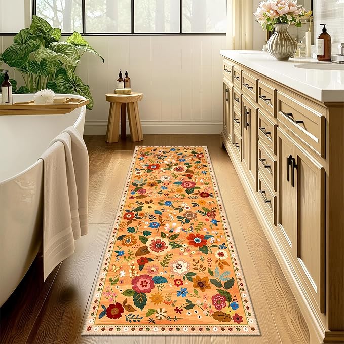 Floral 2x10 Area Rug Machine Washable Soft Print Boho Carpet Non Slip Doormat Low Pile Flower Area Rugs for Living Room Bedroom Nursery Kitchen Dining Room Indoor-Yellow/Orange