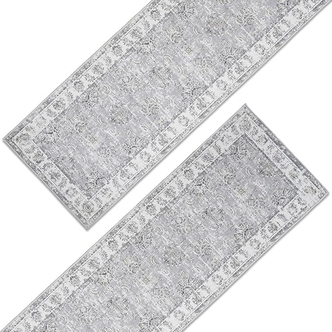 jinchan Runner Rug 3x10-2pcs Kitchen Washable Vintage Hallway Rug Floral Print Floor Cover Indoor Thin Retro Mat Accent for Bathroom Laundry Room Bedroom Office Farmhouse (Double,Grey)