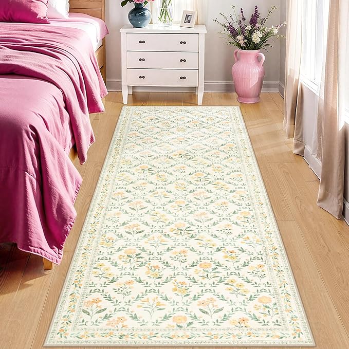 Runner Rug for Entryway: 2x6 Kitchen Rugs Non Slip Washable Ultra-Thin Soft Floral Carpet Indoor Floor Stain Resistant Carpets for Hallway Bedroom Kitchen Laundry Bathroom Dorm Beige/Multi