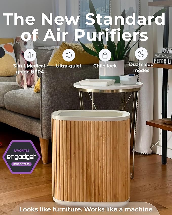 Windmill Air Purifier for Home - 3-In-1 Filtration for Smoke & More - True HEPA Filter, Activated Carbon, & Pre-Filter - Covers Up To 1950 sq ft - Ultra-Quiet - App Compatible - Bamboo