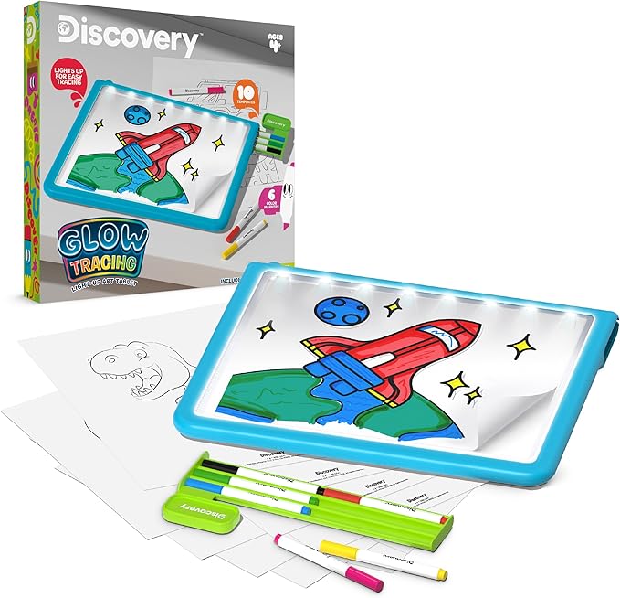 Discovery™ Glow Tracing Light-Up Art Tablet – Includes 10 Templates, 10 Blank Sheets, 6 Washable Markers| Writing Drawing Tablet for Kids| Craft Kit for Boys Girls| Doodle Board Drawing Pad Toy Gift