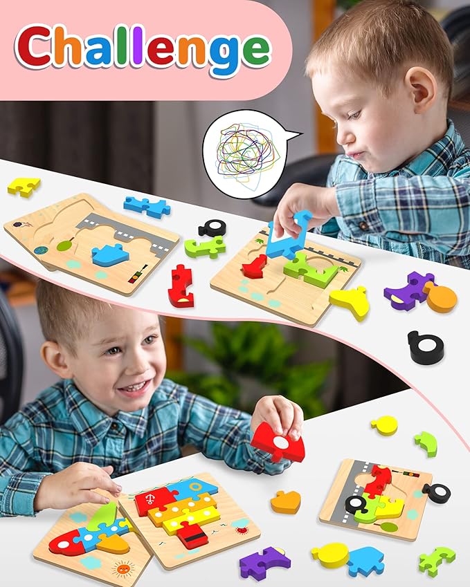 Yetonamr Wooden Toddler Puzzles Gifts Toys for 1 2 3 Years Old Boys Girls, 6 Vehicle Shape Montessori Toys Educational Blocks Kids Gift Baby Learning Toy Age 1-3, 2-4