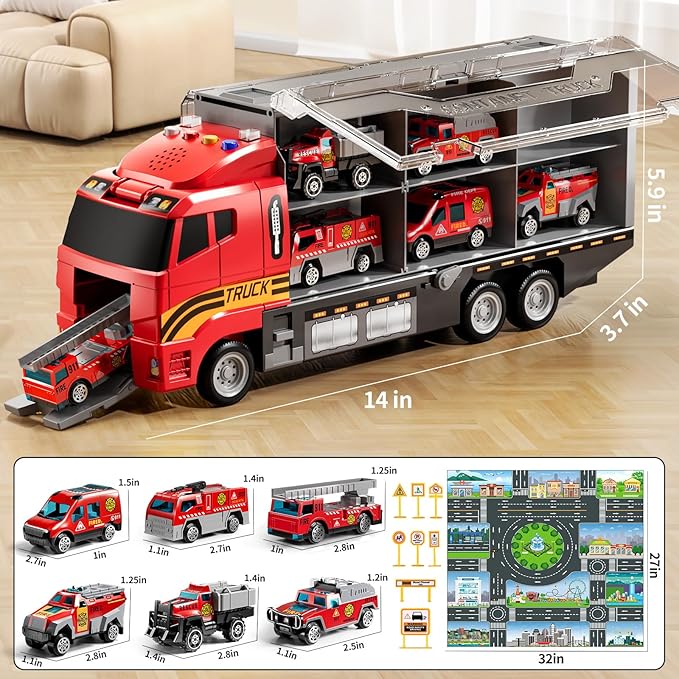 Toddler Boys Toys for 3-5 Years Old, Fire Truck Vehicle Set with Play Mat and Die-Cast Toy Car, Transport Carrier Truck for Kids 3-5, Birthday Gifts Toys for 3-8+ Year Old Boys
