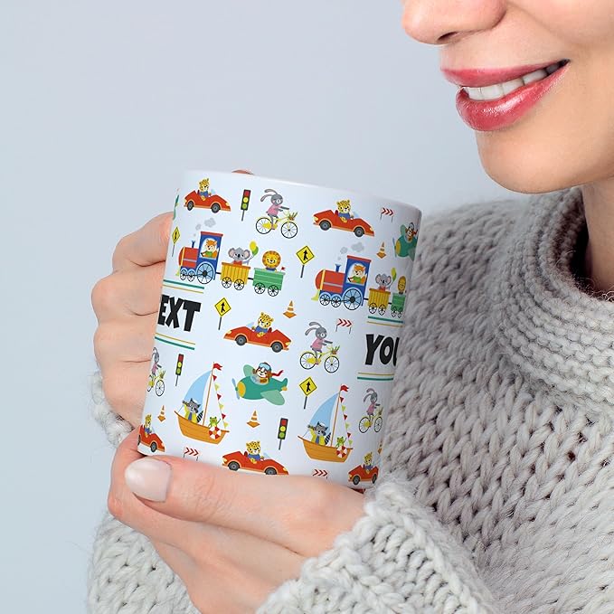 Personalized Mug for Kids - Vehicles - Custom Name/Text, Ceramic Hot Chocolate/Cocoa/Coffee Cup for Boys, Birthday/Christmas/Holiday Gift - 11 oz, Pink Handle