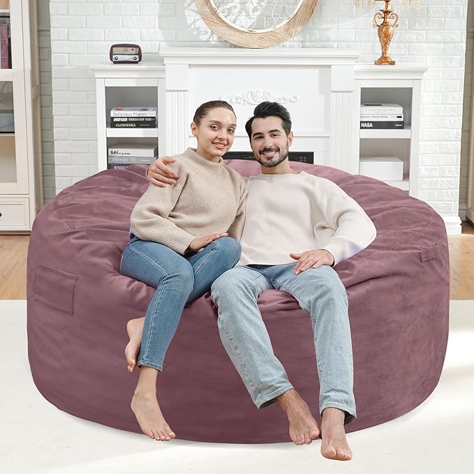 4FT Bean Bag Chair, Large Bean Bag Chairs with Memory Foam Filled, Fluffy Beanbag Sofa with Dutch Velvet Cover, Round BeanBag Chairs for Living Room, Playroom - Dusty Pink