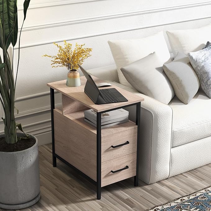 Side Tables with Charging Station, Narrow End Table with 2 Wooden Drawers, USB Ports and Power Outlets, Narrow Nightstand and Bedside Table, Side Tables Living Room, Bedroom, Greige