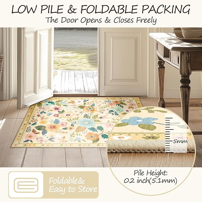 Floral 2x8 Area Rug Machine Washable Soft Print Boho Carpet Non Slip Doormat Low Pile Flower Area Rugs for Living Room Bedroom Nursery Kitchen Dining Room Indoor-Ivory/Yellow