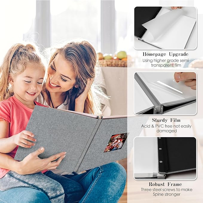 Spbapr Large Photo Album Self Adhesive 4x6 5x7 8x10 10x12 Pictures Magnetic Scrapbook 40 Blank Pages Linen Cover DIY Album with A Metal Pen, 13.2" X 12.8"