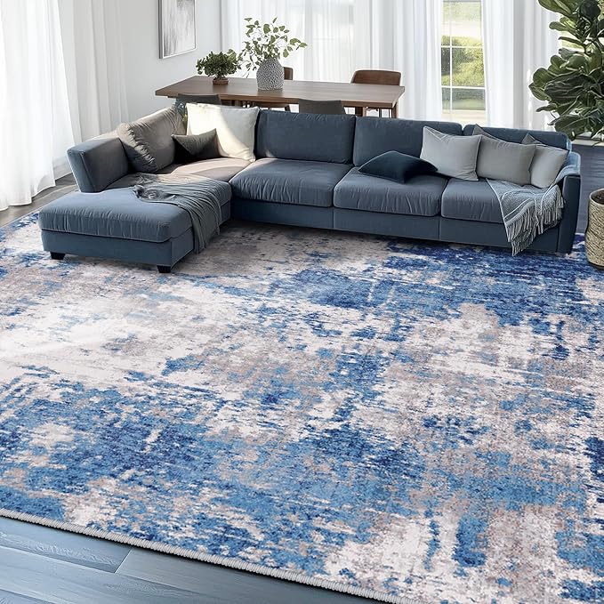 Washable Area Rugs 7'x9' Non-Slip Modern Abstract Soft for Living Room Entryway Bedroom Nursery, Print Pattern, Blue Grey Navy Gray