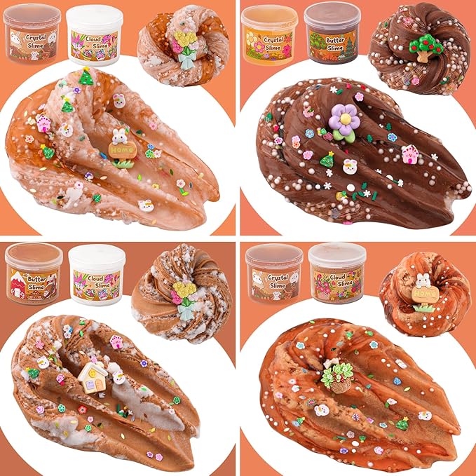 LAWOHO 6 Packs Brown Slime Kit - Cloud, Butter & Clear Slimes with Garden Add-ins, Crunchy Slime for Kids Party Favors for Girls and Boys, 360ml Slime Kits Birthday Halloween Christmas Easter Gifts