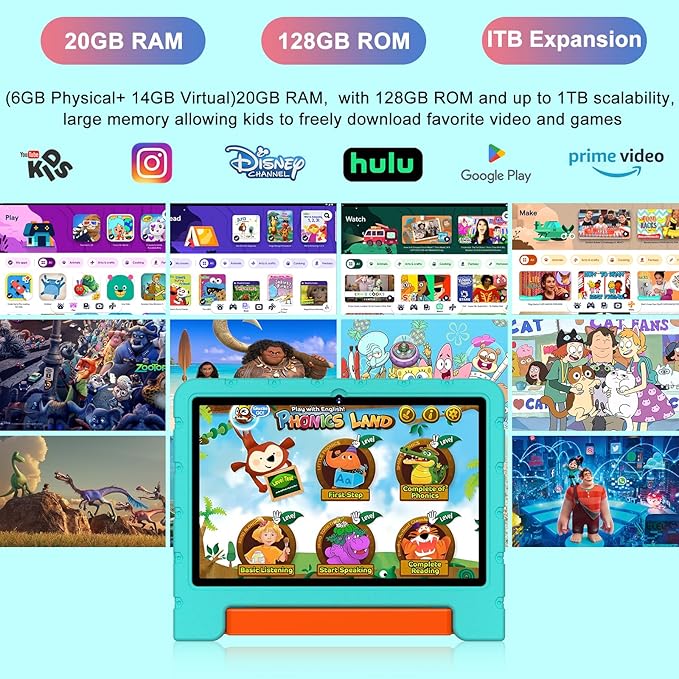 2025 Kids Tablet 10 inch Android 14 Tablets for Kid Octa-Core, 20GB+128GB (TF 1TB), Toddler Tablet with Shockproof Case, 2.4G+5G WiFi 6, Parental Control, Face Unlocked, Split Screen, BT5.0 (Green)