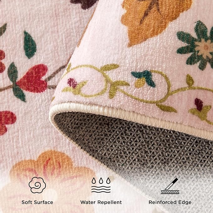 5x7 Washable Rug for Living Room, Pink Floral Area Rug, Non Slip Low Pile Soft Flower Carpet, Large Rugs for Bedroom, Dining Room, Office, Kids Playroom, Nursery, Pink/Beige