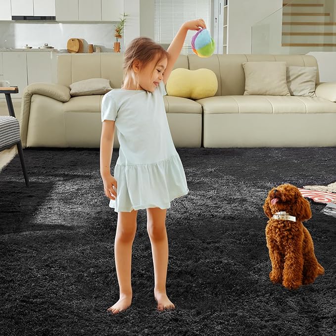 Ultra Soft Rug for Living Room, 3X5 Fluffy Shag Area Rug for Bedroom, Modern Shaggy Carpets Fuzzy Rug for Teens Dorm Nursery Home Decor Aesthetic, Upgrade Anti-Skid Durable, Black