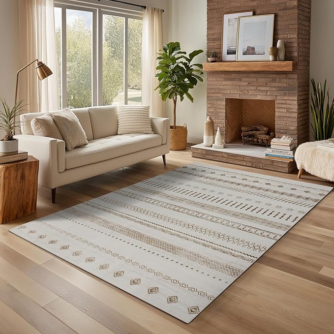 9x12 Area Rug Living Room Rugs, Boho Stain Resistant Washable Rug, Vintage Large Non-Slip Backing, Low Pile Lightweight Print Rug for Bedroom Dinning Room Home Office (Beige)