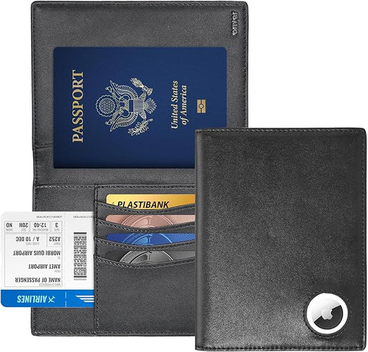 Passport Wallet With Airtag for Travel, Leather Passport Holder for Men and Women, RFID Blocking Bifold Passport Cover With Credit Card Holder (Black)