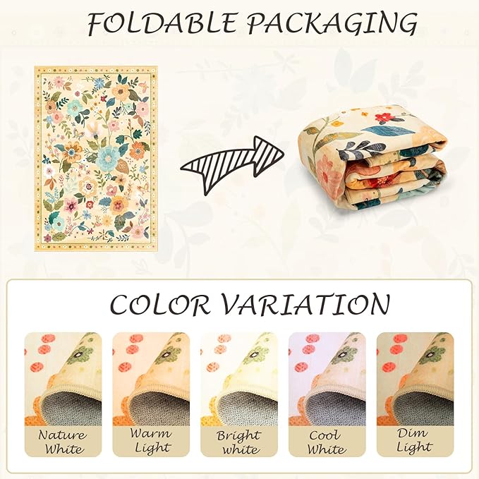 Floral 6x9 Area Rug Machine Washable Soft Print Boho Carpet Non Slip Doormat Low Pile Flower Area Rugs for Living Room Bedroom Nursery Kitchen Dining Room Indoor-Ivory/Yellow