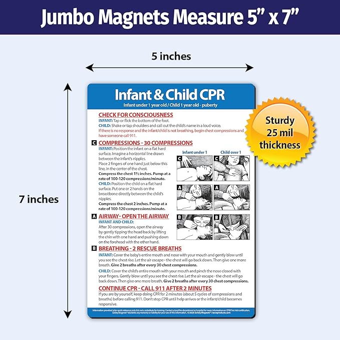 Safety Magnets by ZOCO – Infant and Child CPR Magnet (5-Pack) – 5"x7" Emergency First Aid Guide with Step-by-Step Instructions – CPR Reference for Homes, Daycares, Schools, and Parents
