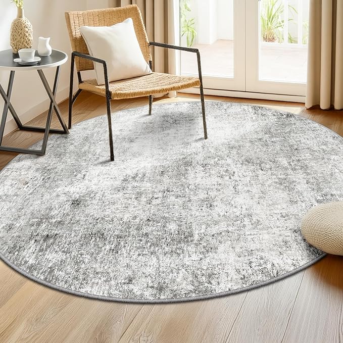Washable Area Rugs 6ft Non-Slip Modern Abstract Soft for Living Room Entryway Bedroom Nursery, Print Pattern, Gray White Grey