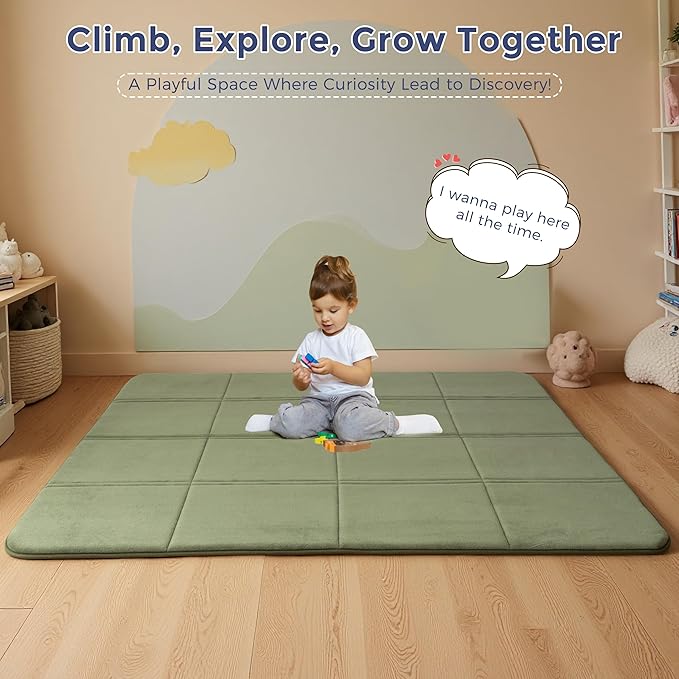 MAXYOYO 1.2" Thick Baby Play Mat for Floor, 49"x 49" Foldable Playpen Mat, Tummy Time Foam Mats Ultra Soft Support,Padded Carpet with Non-Slip Backing for Infant,Kids and Toddler Crawling, Green