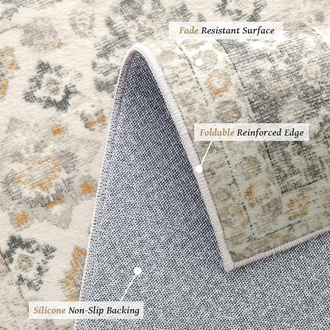 Washable 8x10 Area Rugs for Living Room, Boho Non-Slip Silicone Backing Rugs for Bedroom Dining Room Nursery Office, 0.3" Neutral Oriental Throw Carpet with 0.16" Cushioning Pad, Grey/Multi