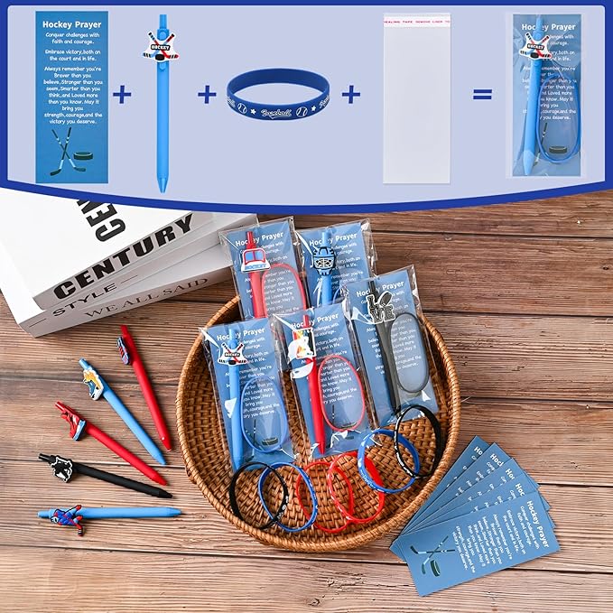 LiYiQ 72 Pcs Hockey Party Favors Hockey Team Gifts Hockey Goodie Bags Stuffers Hockey Ballpoint Pens Bookmark Card and Silicone Bracelet