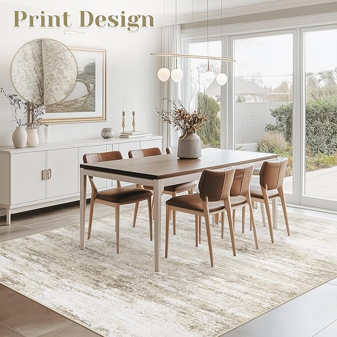 Washable Rug 6x9 Area Rugs for Living Room: Neutral Soft Rug Abstract Non Slip Low Pile Modern Carpet for Bedroom Kitchen Nursery Office Dining Room Indoor (Beige, 6'x9')