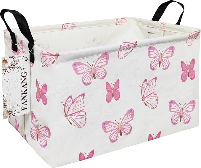 FANKANG Storage Bins, Nursery Hamper Canvas Laundry Basket Foldable with Waterproof PE Coating Large Storage Baskets for Kids Boys and Girls, Office, Bedroom, Clothes,Toys(Rec-pink butterfly