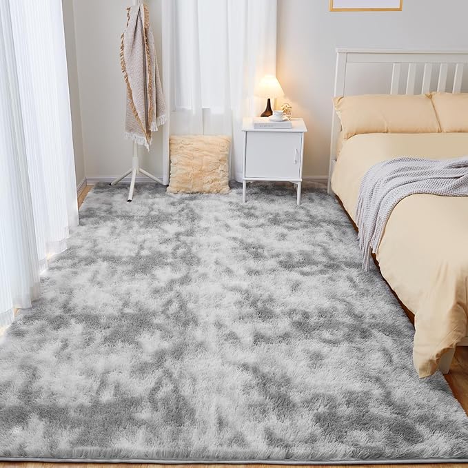Fluffy Shag Area Rug, 4x6 Tie-Dyed Light Grey Rugs for Bedroom, Soft Plush Area Rugs for Living Room, Non-Slip Indoor Carpet for Nursery, Study Room, Dressing Room, Home Decor
